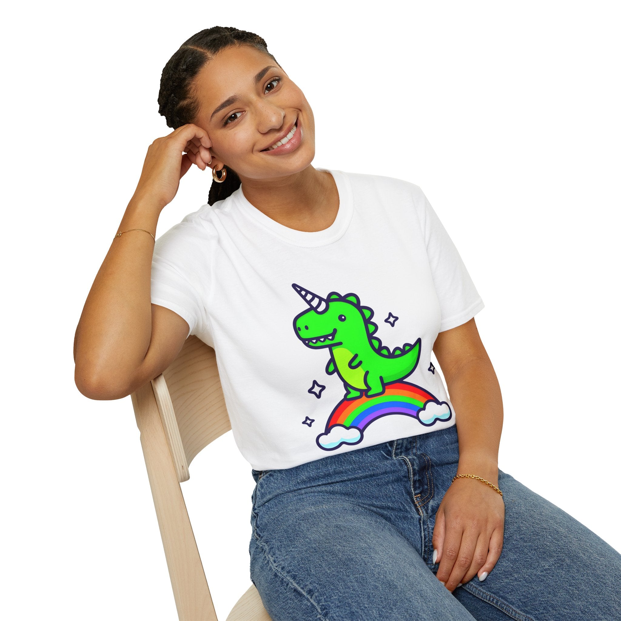Dino Unicorn on Rainbow Unisex Softstyle T-Shirt