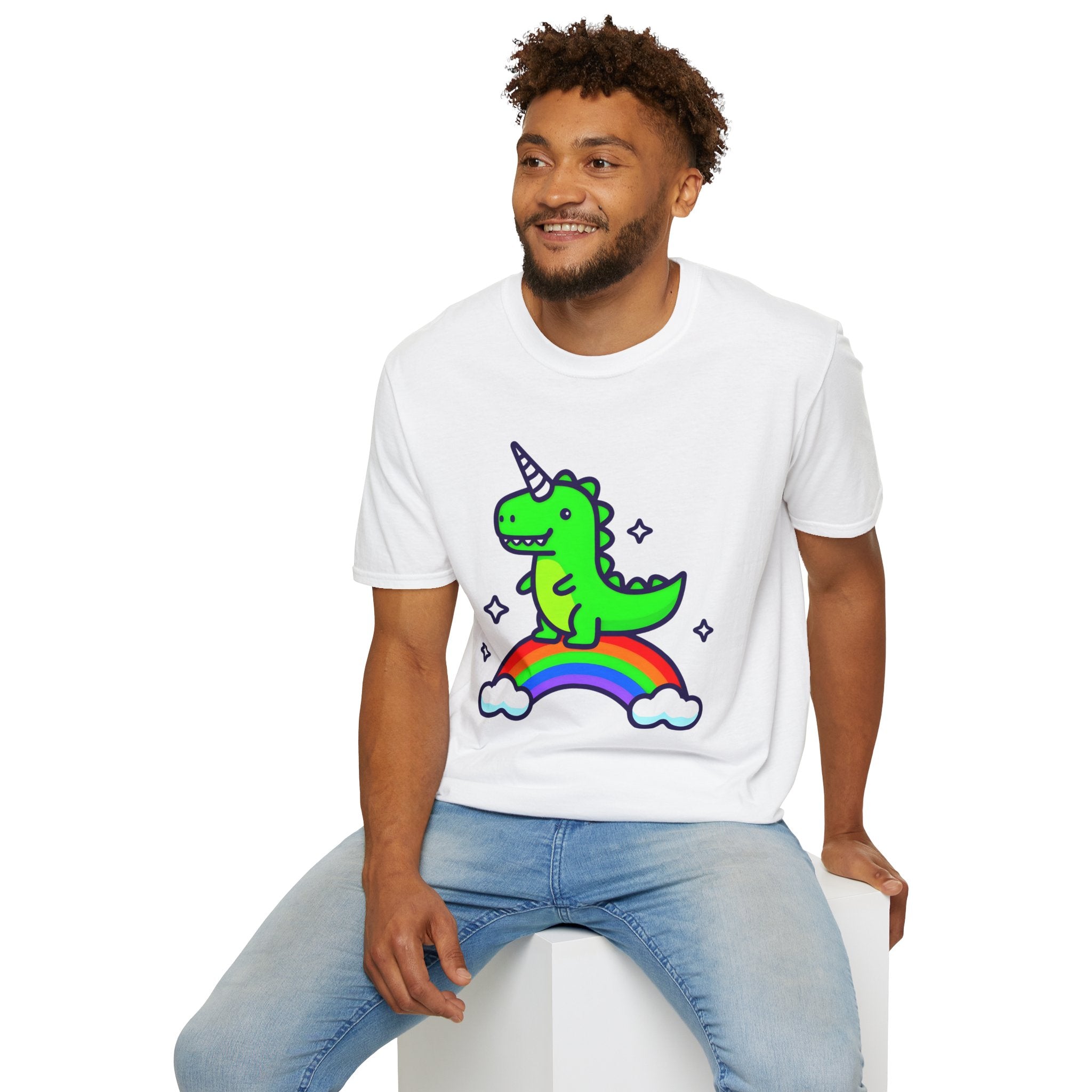Dino Unicorn on Rainbow Unisex Softstyle T-Shirt
