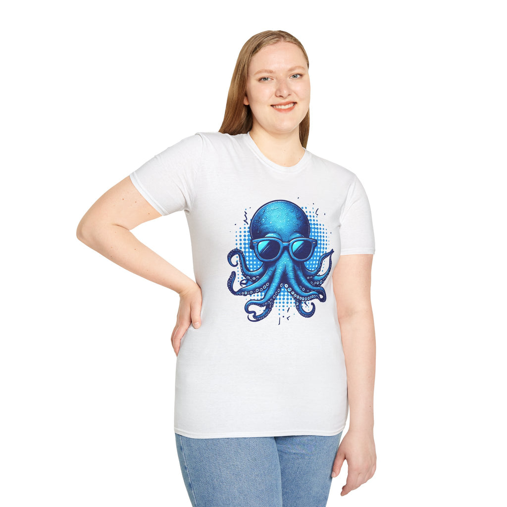 Blue Octopus With Glasses Unisex Softstyle T-Shirt