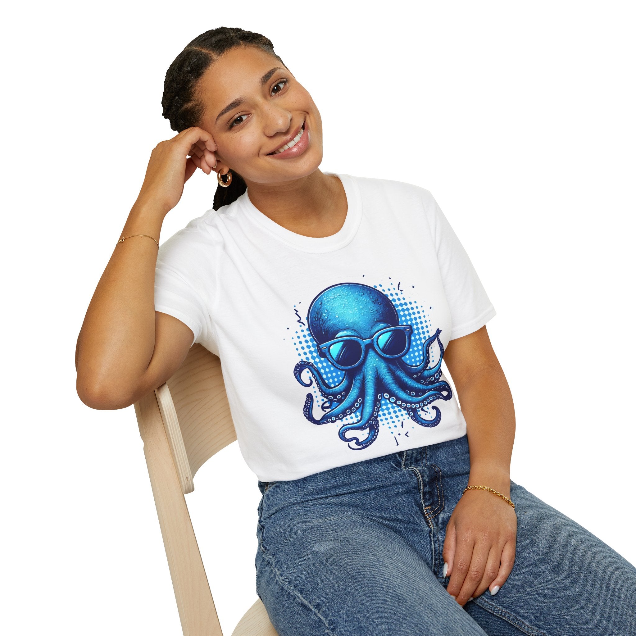 Blue Octopus With Glasses Unisex Softstyle T-Shirt