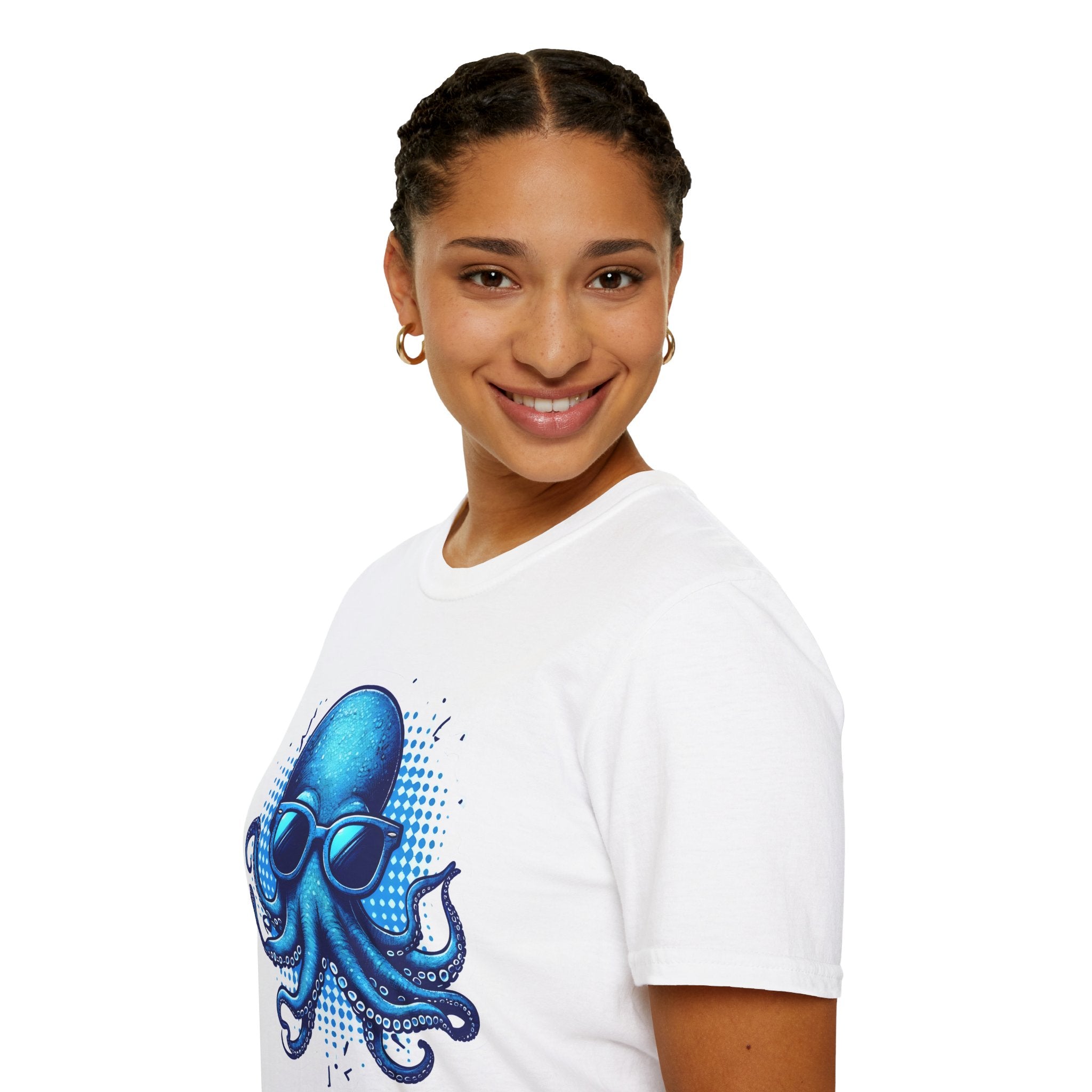 Blue Octopus With Glasses Unisex Softstyle T-Shirt