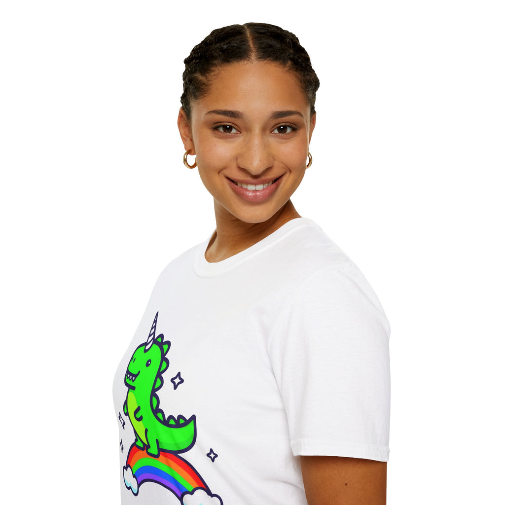 Dino Unicorn on Rainbow Unisex Softstyle T-Shirt