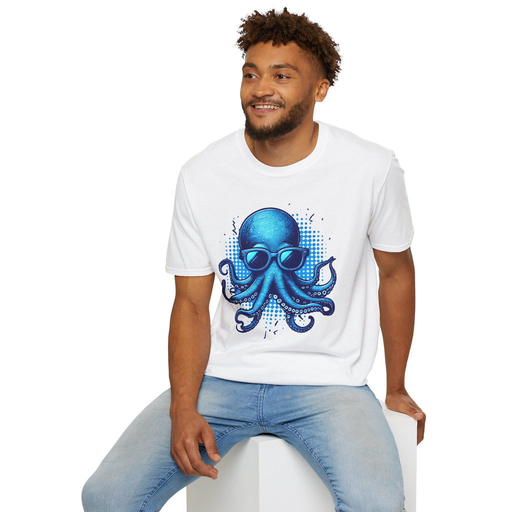 Blue Octopus With Glasses Unisex Softstyle T-Shirt