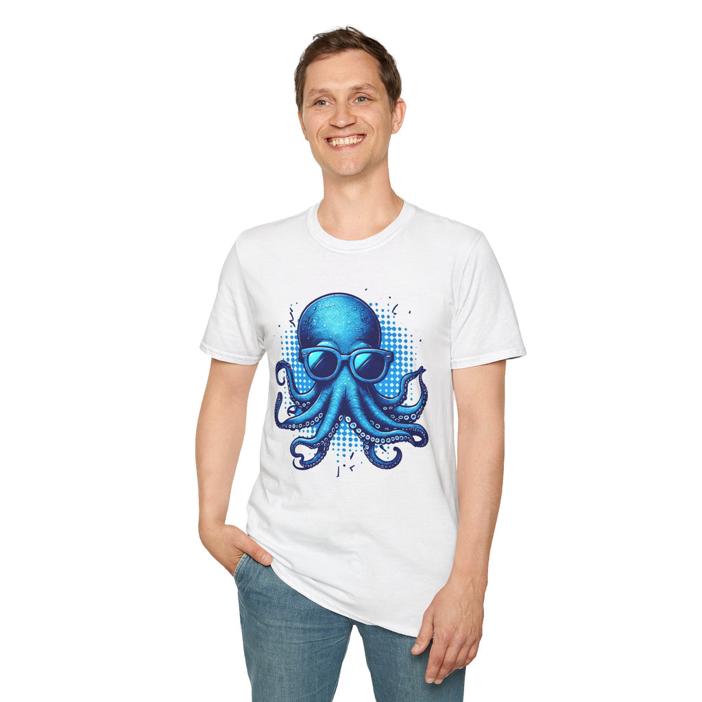 Blue Octopus With Glasses Unisex Softstyle T-Shirt